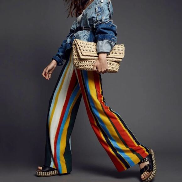 TORY BURCH Fiona Stripe Wide Leg Pants Balloon Stripe Sz 6...